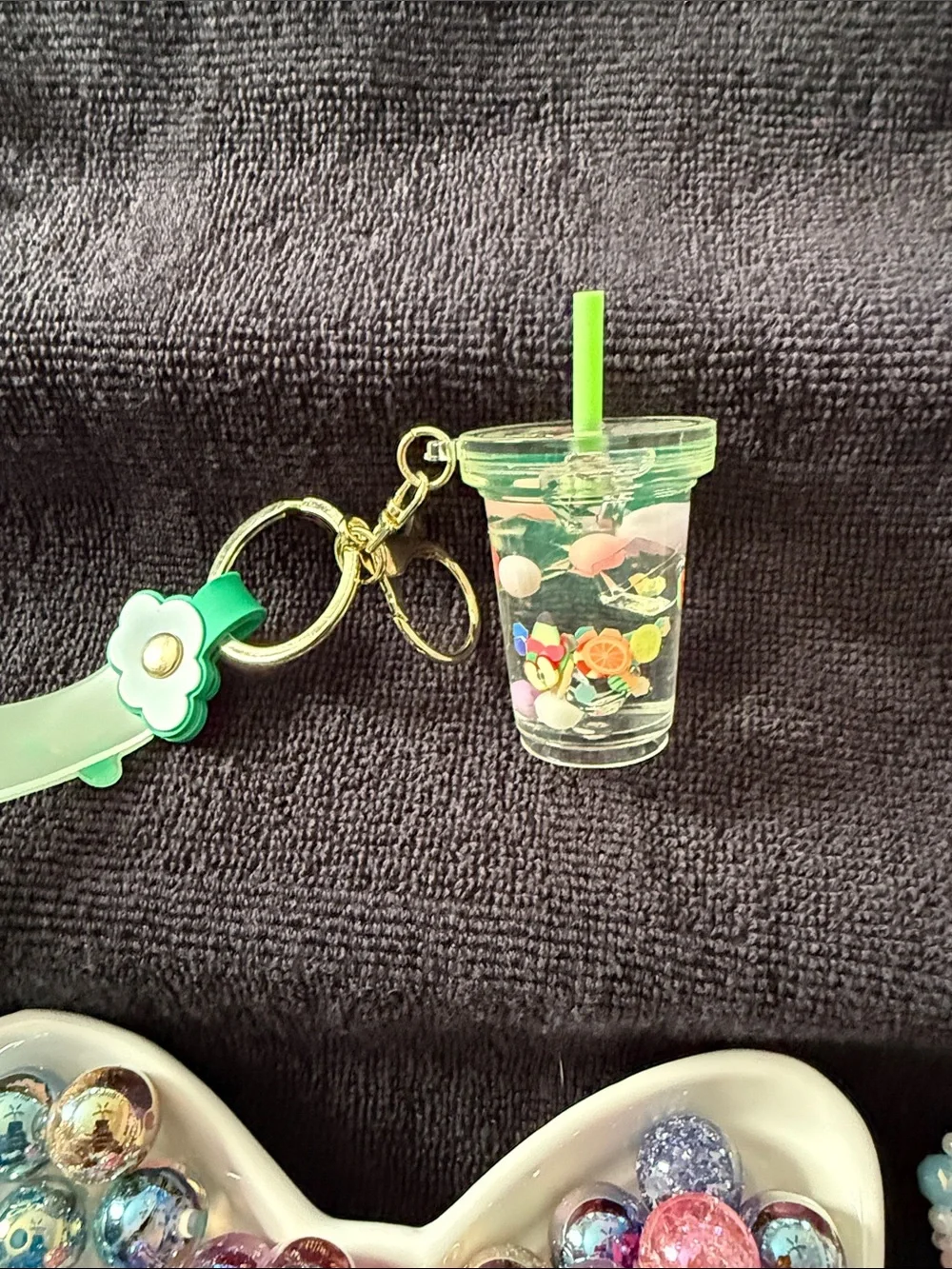 Green 'Sweet Heart' Silicone Wrist Keychain with Clear Drink Charm Keyring